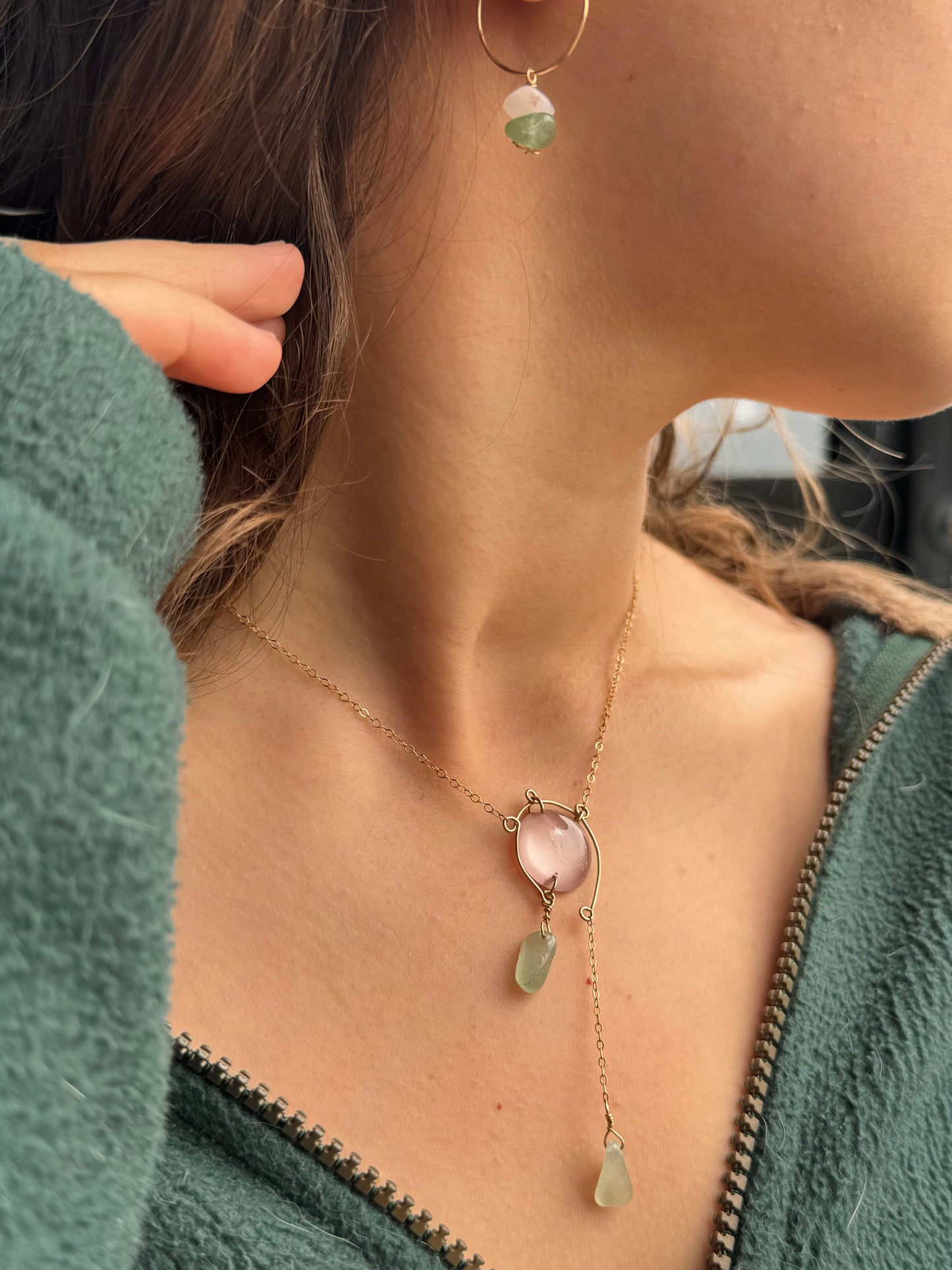 Quartz Rose et Aventurine collier en or